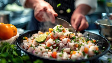 A chef's hand preparing a light, fresh ceviche with fish, lemon and vegetables, focusing on healthy and tasty food.