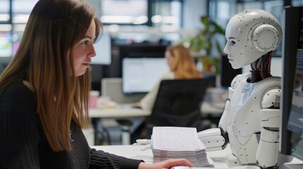 the girl works with a robot in the office. A modern office of the future