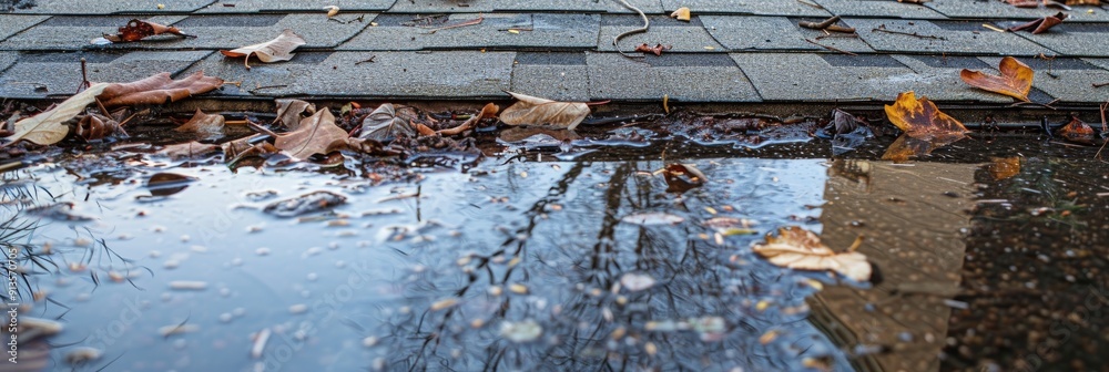 Framing Getting Rained On Photo Stock Water pooling on flat roof with tree debris after rain ...