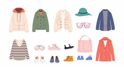 Customizable clothing, modular and adaptable pieces, flat design illustration