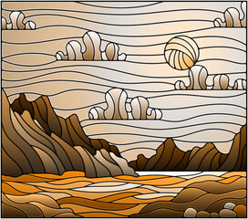 Wall Mural - Illustration in stained glass style with a wild landscape, a lake on a background of mountains and a Sunny sky, tone brown