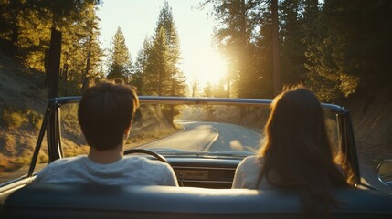 Poster - Young couple in their teens driving down a scenic road in the early morning, sunlight filtering through the trees,generative ai