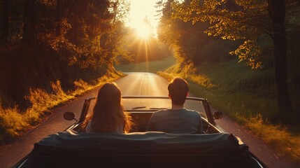 Canvas Print - Young couple in their teens driving down a scenic road in the early morning, sunlight filtering through the trees,generative ai