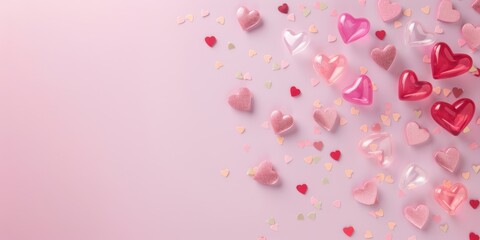 Wall Mural - Pink background with various pink heart-shaped confetti. Festive and romantic.