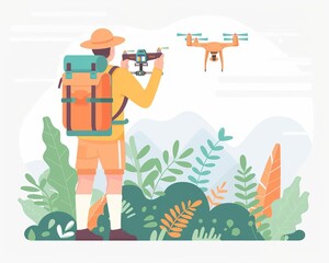 conservation technology, drones monitoring wildlife, flat design illustration