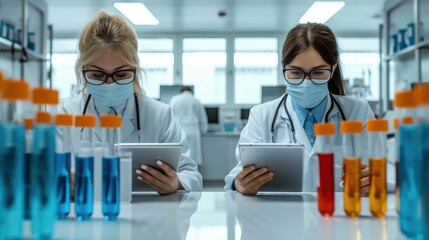 Two medical professionals in lab coats, one wearing eyeglasses and the other with a mask on their face 