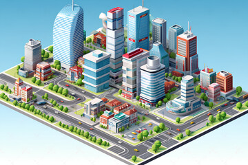 Megapolis 3d isometric three-dimensional view of the city. Collection of houses, skyscrapers, buildings, built and supermarkets with streets and traffic. The stock vector