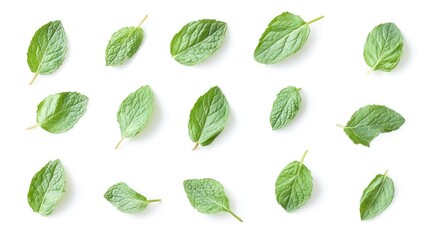 Wall Mural - A collection of fresh green mint leaves isolated on a white background, top view. Perfect for natural, herbal, and refreshing concepts.