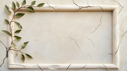 Wall Mural - Aged building facade with intricate leaf motifs and cracks, highlighting the beauty of decay and nature's touch, soft lighting