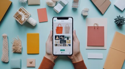 Poster - Flat lay of a smartphone with an online marketplace app open, surrounded by products, no hands visible. Perfect for mobile commerce.