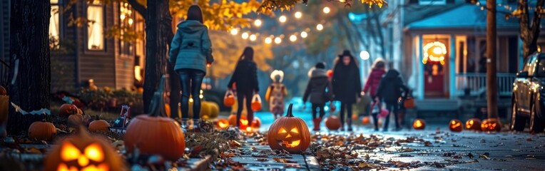 Poster - Children in costumes walk through a suburban neighborhood on Halloween night, carrying pumpkins and trick-or-treating. The sidewalk is lined with fallen leaves and lit pumpkins. String lights illumina
