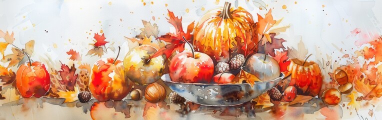 Poster - A watercolor painting depicts a still life of a harvest scene. The center of the artwork is a bowl filled with red apples and a large orange pumpkin. The bowl sits on a table with a collection of acor