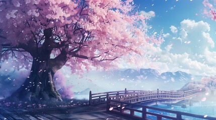 Anime background of a cherry tree beside a little wooden bridge