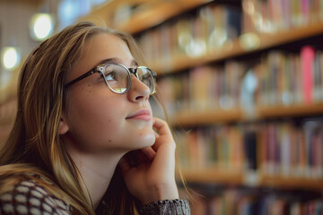 Girl teen student in glasses learning at high school library