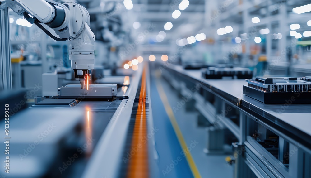 A robotic arm operates in a modern manufacturing facility, streamlining ...