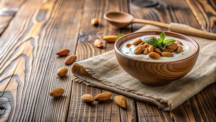 Wall Mural - Rustic yogurt bowl with almonds, honey on wooden table , healthy, breakfast, snack, creamy, delicious, wooden, rustic, natural