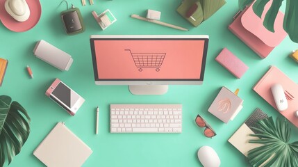 Poster - Top view of a computer screen showing an online shop, with products arranged around, no hands visible. Perfect for e-commerce and sales.