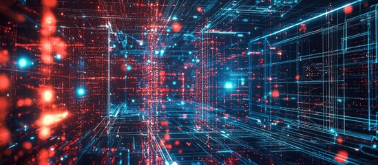 Aufkleber - Futuristic digital cyberspace with data network connections and HUD user interface elements in an illustrated background