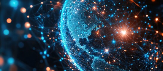 Poster - Holographic globe with interconnected nodes representing global network communication technology fintech services data exchange and online banking concepts