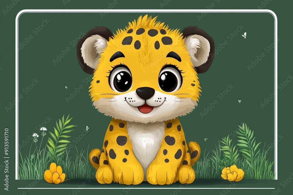 Cute Cartoon Cheetah Cub Sitting in Grass Stock Illustration | Adobe Stock