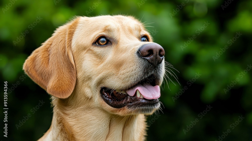 A close-up portrait of a golden retriever dog with its mouth open ...