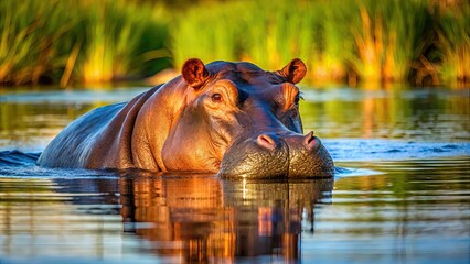 Wall Mural - Hippopotamus relaxing in shallow water , hippo, wildlife, submerged, river, mammal, aquatic, peaceful, relaxation, large, water