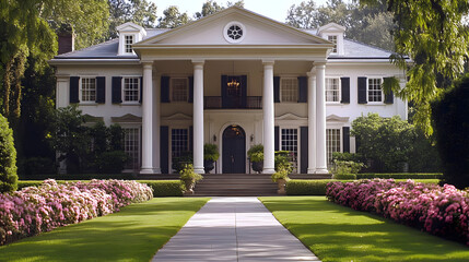 Poster - Classic White Mansion with Columns and Landscaping - Photo