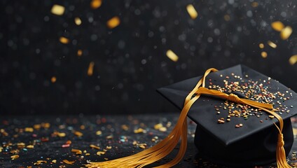 Graduation cap with confetti background - graduation day celebration concept for happy graduates