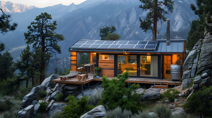 Poster - Modern Cabin with Solar Panels on Mountainside Photo