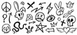© Vector Tradition - Grunge graffiti spray paints, ink icons. Vector set of black urban and street culture elements. Snake, skull, crown and rabbit head, lightning bolt, question mark and winged heart. Eye, diamond, cross