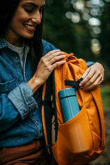 Wall Mural - Unrecognizable female hiker opening her yellow backpack and taking a water