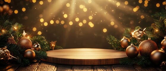 Wall Mural - A festive wooden podium surrounded by Christmas ornaments and twinkling lights, perfect for holiday celebrations.