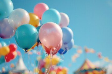 Poster - Colorful balloons float gently in the air, adding joy to a lively city festival bustling with activities and cheerful attendees. Generative AI