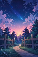 Poster - A winding pathway lined with a wooden fence leads through a tranquil forest under a stunning starry sky. The vibrant colors of twilight add a magical atmosphere to the scene. Anime art style