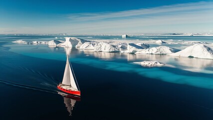 A stunning aerial shot of ice floating off the coast of Baffin Island, Canada, with a red sailboat sailing across the tranquil landscape.