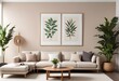 © Sharif54 - A modern living room with a large white framed wall art above a beige sectional sofa, wooden coffee table