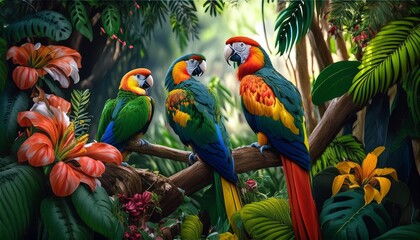 Wall Mural - parrots in the jungle