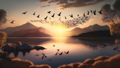 Wall Mural - sunset over the lake