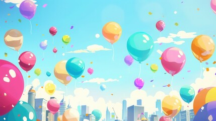 Poster - Colorful balloons fill the sky as people enjoy the festivities of a lively city festival under a clear blue sky. Generative AI