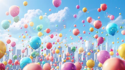 Poster - Brightly colored balloons ascend in the sky above a lively city festival, creating a festive atmosphere under a clear, blue sky. Generative AI