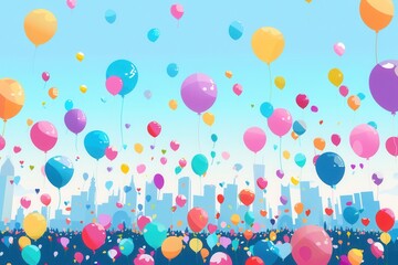 Poster - A multitude of balloons floats above crowds enjoying the lively atmosphere of a festive city fair under a bright blue sky. Generative AI