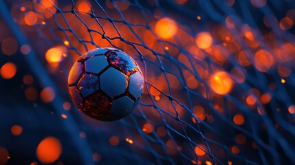 Wall Mural - Dynamic close-up of a soccer ball in the net, capturing the excitement and energy of the game with a vibrant, fiery background.