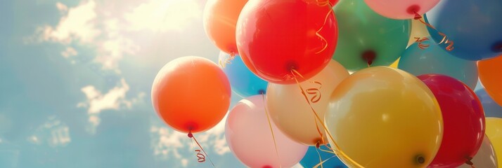 Poster - Bright, colorful balloons soar above a lively city festival, capturing the festive spirit under a clear blue sky. Generative AI