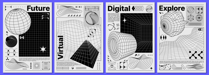 Aufkleber - Brutalism y2k posters, with retro grid and 3d abstract shapes. Vector black and white cards or backgrounds with abstract monochrome geometric surreal figures and wireframe mesh in futuristic style