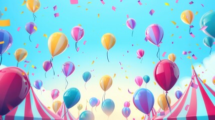 Poster - Colorful balloons drift over a lively city festival filled with joy, laughter, and colorful tents, creating a festive and enchanting atmosphere. Generative AI