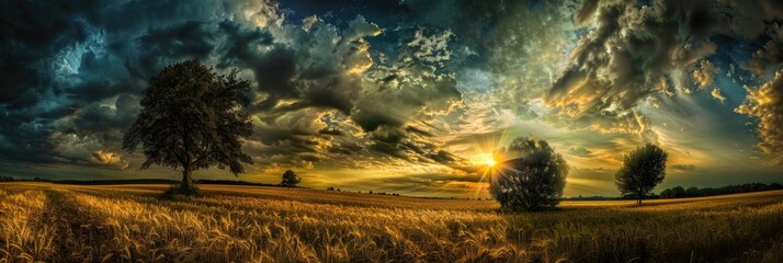 Wall Mural - Sun setting behind trees with clouds gathering over the fields Rural scenery at sunset