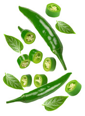 Wall Mural - flying sliced green hot chili peppers isolated on white background clipping path