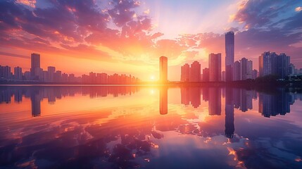 Wall Mural - Sunset casts a warm glow on a city skyline, perfectly reflected in calm water below, creating a serene scene.