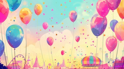 Poster - Balloons of various colors fill the sky above a lively city festival with rides, tents, and crowds enjoying the festive atmosphere under the sunshine. Generative AI