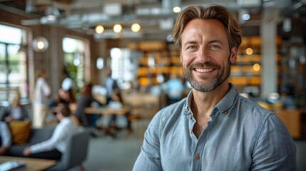 Wall Mural - Smiling Professional Man Posing Confidently in Modern Office During Daytime Meeting